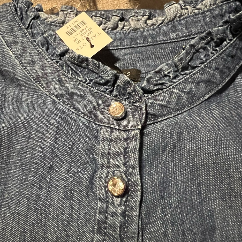 NWT Talbots Denim Chambray Ruffled Collar Top Rhinestone Buttons 100% Cotton PL - Picture 14 of 14